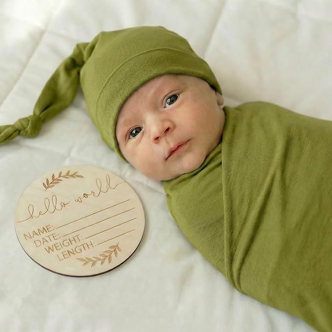 Large Jersey Knitted Swaddle Blanket for Baby, Soft Stretchy Receiving Blanket for Newborns with Hat, Baby Nursery Swaddle 47 x 47 inches(Olive)