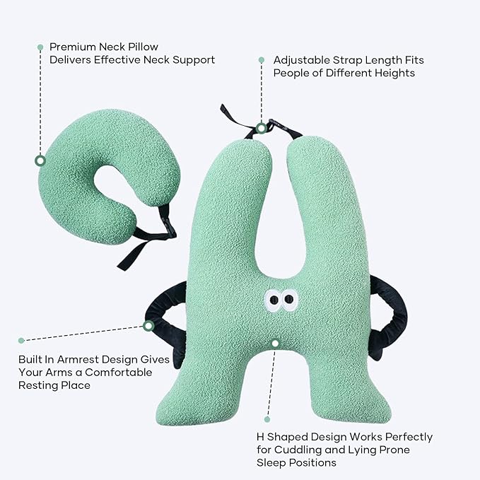 Car Pillow for Kids,H-Shaped Adjustable Travel Neck Pillow for Sleeping,Soft Plush Support for Head & Neck, Long Road Trip Essentials for Boys Girls(Green)