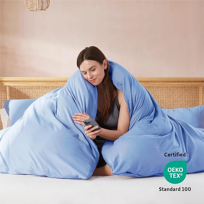 Nestl Queen Duvet Cover Set with Comforter Insert - Calm Blue 4 Piece 90x90 Duvet Cover & 2 Pillow Shams with White Quilted Down Alternative Comforter, Ultra Soft, All Season