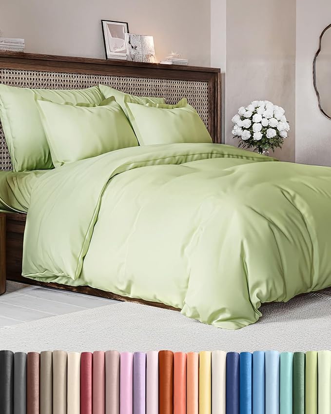 Duvet Cover Queen Size - Extra Soft Queen Size Duvet Cover - Lightweight, Breathable, Easy Care & Fade Free w/ Zipper Closures & Ties - 90" x 90" Inches - (Light Sage Green) Comforter Not Included