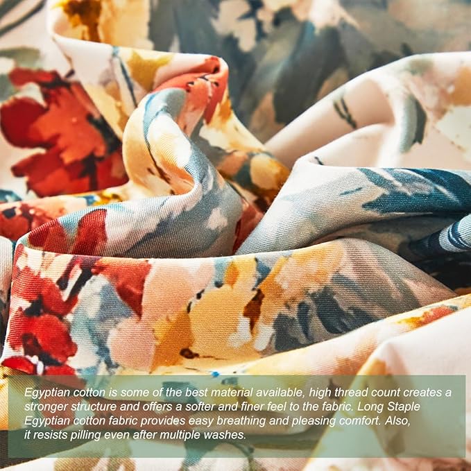 URBONUR Floral Duvet Cover Set Full Size 3 Pieces 100% Cotton Silky Sateen Wildflowers Comforter Cover with 2 Pillowcases Soft & Breathable Bedding Sets
