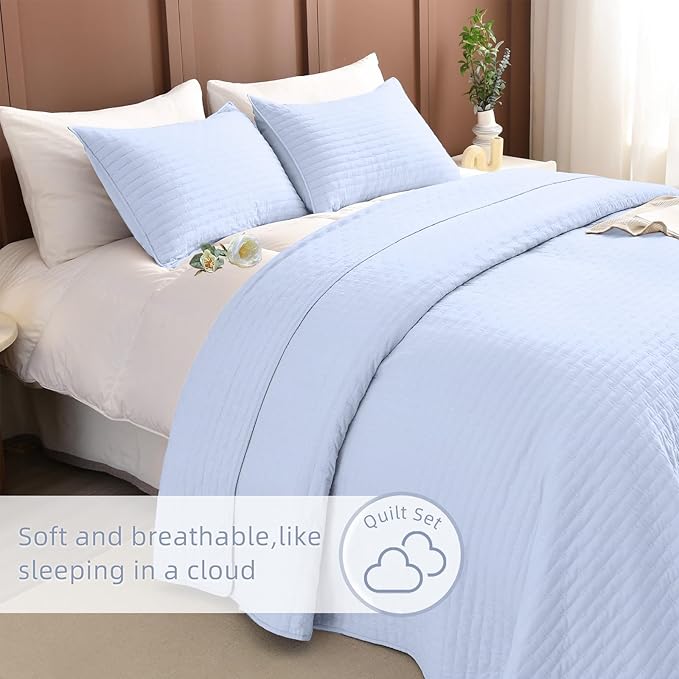 Lady Ann Light Blue Oversized Queen Bedspreads 100x106, Extra Large 3PCS Oversized Queen Quilt Set for Bed, Lightweight & Ultra-Soft Farmhouse Bedspreads & Coverlets