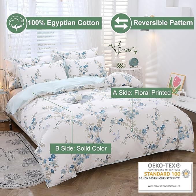 URBONUR Full Size Duvet Cover Sets Light Blue Garden Floral Bedding Comforter Cover, Ultra-Soft & Breathable Duvet Sets for All Season, Button Closure & Corner Ties