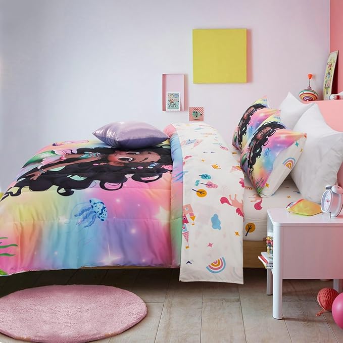 A Nice Night 6pcs Comforter Set,Black Girl Princess Mermaid with Green Tail Printed,Pink Gradient Glitter Rainbow Background Kids Bedding Set,Queen