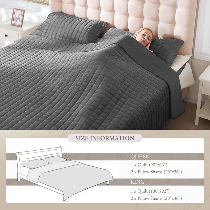 Luxury Velvet Quilt Set King Size, Comforter Set with Pillow Shams, Soft Lightweight Bedspread Coverlet Bedding Sets for All Seasons, Dark Grey