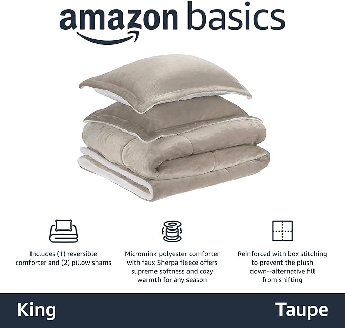 Amazon Basics Lightweight Microfiber Comforter Set 3 Pieces Duvet Cover Set With Zipper Closure, King, Taupe, Solid