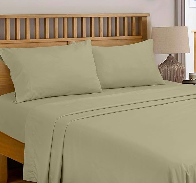 Royale Linens 300 Thread Count 100% Long Staple Combed Cotton Flat Sheet - Super Soft - Top Sheets - Twin Flat Sheet Sold Separately - Breathable, Cool & Crisp Percale Sheets Only (Twin, Sage Green)