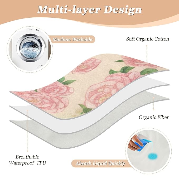Waterproof Bed Pad Reusable Changing Pad Toddler Mattress Protector Large Pee Pad Baby Diaper Pad Soft Washable Liner Beige Pink Peony