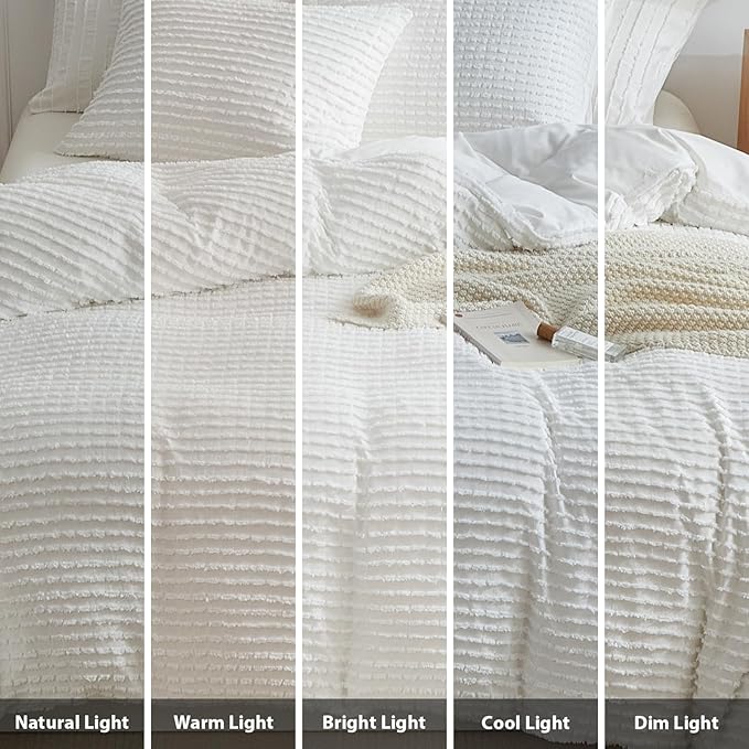 WARMDERN Boho Duvet Cover Set Twin Size,White Striped Duvet Cover Microfiber Bedding Set,2PCS Ultra Soft Breathable Lightweight Tuft Texture Pattern Duvet Covers with Zipper Closure(White,Twin)