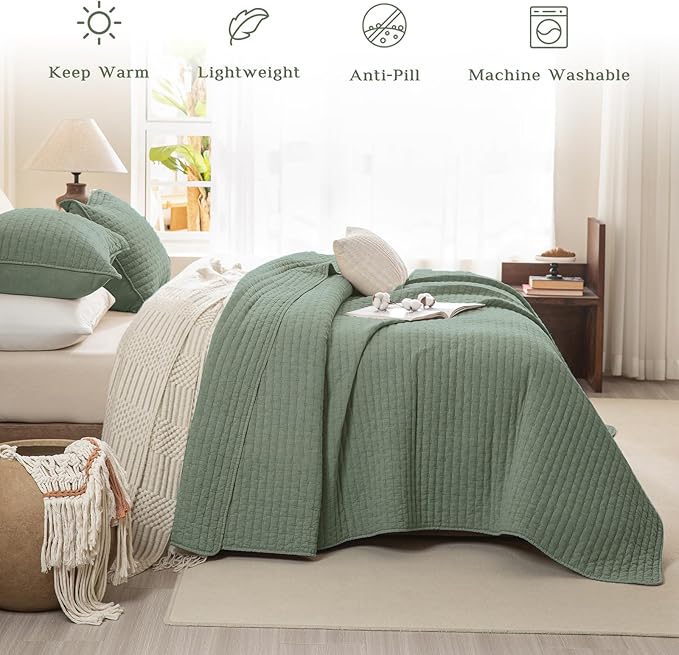 CozyTide Olive Green Oversized King Bedspread 120x120,Stone-Washed Cotton Lightweight Oversized King Quilt,3 Piece Extra Large Modern California King Coverlet Set Ultra Soft