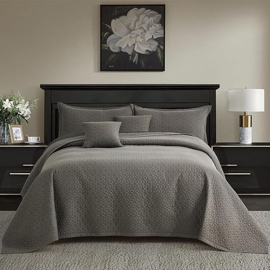 Oversized King Bedspread 128x120 Extra Wide, Modern & Contemporary Look, Lightweight Bedding Cover, Reversible, 5 Piece, 100% Microfiber, Brown