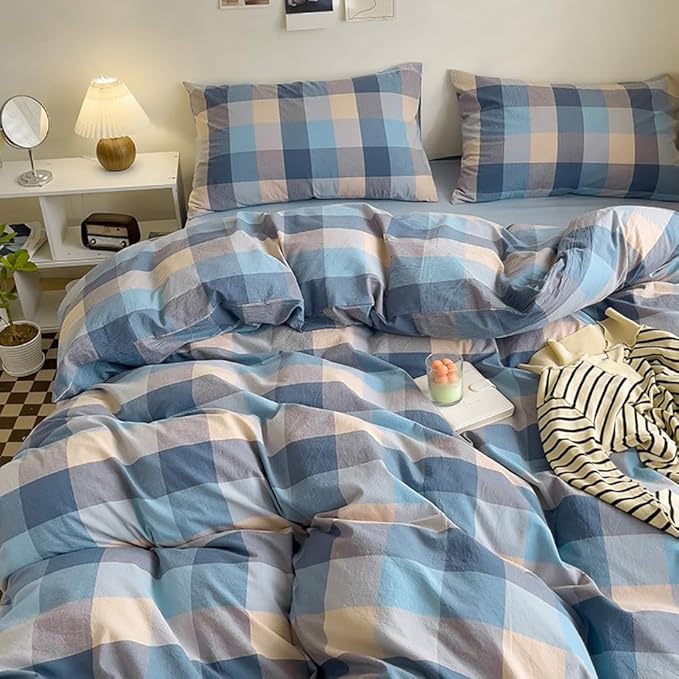 LifeTB Washed Cotton Plaid Duvet Cover King Blue Grey Plaid Grid Bedding Set King 3 Pieces Buffalo Grid Duvet Cover Modern Checkered Gingham Comforter Cover Farmhouse Bedding Set Breathable