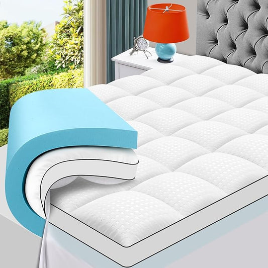 MASVIS Full Size Dual Layer 4 Inch Memory Foam Mattress Topper, 2 Inch Gel Memory Foam and 2 Inch Cooling Pillow Top Mattress Pad Cover for Back Pain, Medium Support