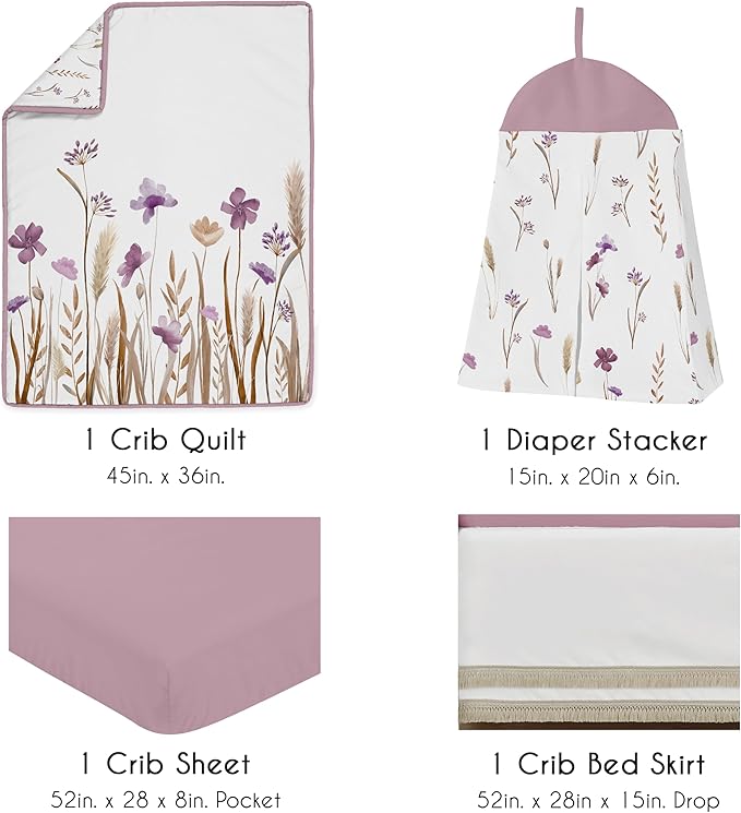 Sweet Jojo Designs 4-Piece Baby Crib Bedding Set (Purple Boho Floral) for Girls, Infants/Nursery incl. Blanket, Fitted Sheet, Skirt, Diaper Stacker (Vintage, Wildflower Garden, Bohemian, Farmhouse)