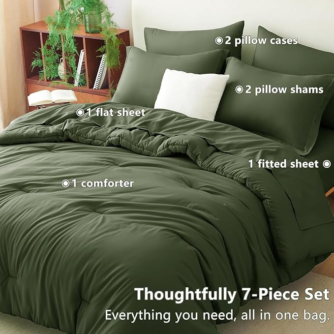 CozyLux Queen Comforter Set Olive Green, 7 Pieces Bed in a Bag Queen Comforter Set with Sheets, Bedding Sets with Down Alternative Comforter, Fitted Sheets, Flat Sheets, Pillow Shams and Pillowcases