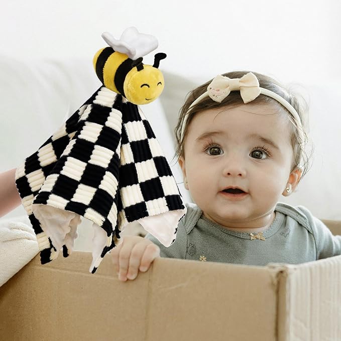 Baby Lovey Blanket for Boys Girls Super Soft Checkerboard Gingham with Minky Dot Fabric Backing Bee Stuffed Animal Lovely Snuggle Toy Black 14 Inch