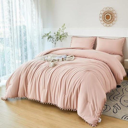 PERFEMET 5 Pieces Girls Blush Comforter Set Full Aesthetic Solid Pom Pom Comforter Soft Microfiber Dusty Pink Bed in A Bag Kids for All Season(Blush, Full)
