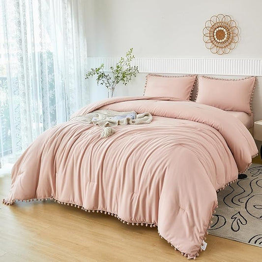 PERFEMET 5 Pieces Blush Pom Pom Comforter Queen Size Aesthetic Boho Bed in A Bag with Pompoms Lightweight Pink Plain Bed Sets with Sheets for Girls Women Adults(Blush, Queen)