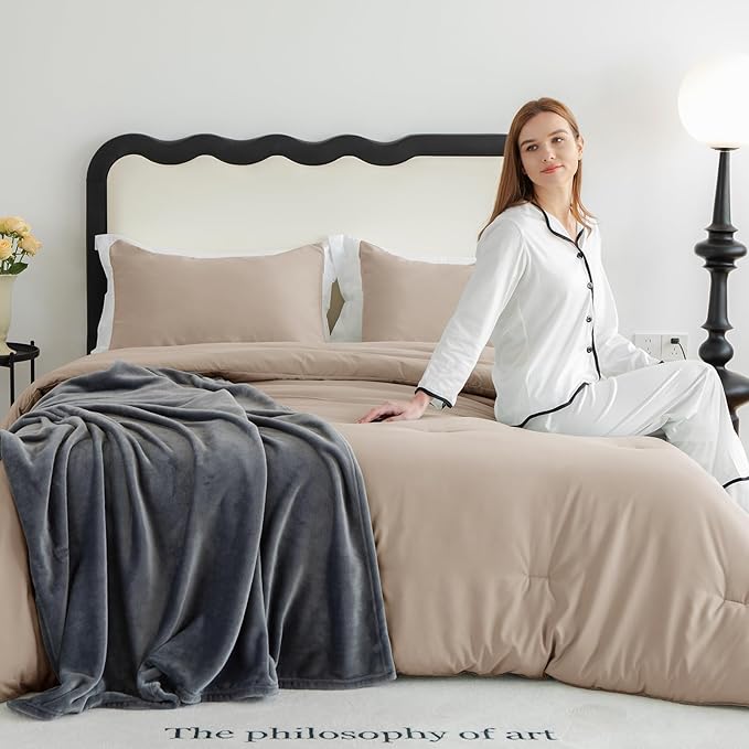 CozyLux Queen Comforter Set Wheat, 3 Pieces Solid Queen Comforter Breathable Quilted Bedding Sets, Luxury Soft Bed Sets with Down Alternative Comforter for All Season (1 Comforter & 2 Pillowcases)