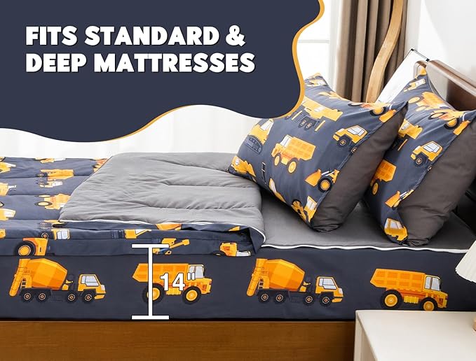 Meeting Story 3pcs Kids Comforter Sets Zipper Bedding Set for Boys,Twin Kid Bedding Set Car Comforter Construction Bedding for Kid,All in one Zipper Bedding（Grey,Twin）