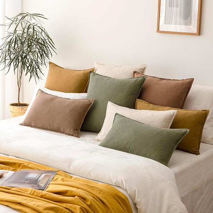Foindtower Pack of 2, Decorative Linen Soild Throw Pillow Covers Soft Accent Cushion Case Boho Farmhouse Pillowcase for Chair Couch Sofa Bedroom Living Room Home Decor 22 x 22 Inch Light Khaki Brown