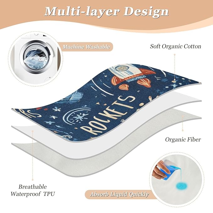 Waterproof Bed Pad Reusable Changing Pad Toddler Mattress Protector Large Pee Pad Baby Diaper Pad Soft Washable Liner Dark Blue Space Rockets Planets Stars