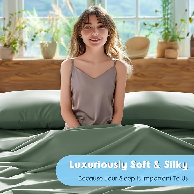 SONORO KATE 100% Egyptian Cotton Sheets Set, Extra Deep Pocket up to 18"-24",1000 High Thread Count, Soft & Breathable 5-Star Hotel Sateen Bed Sheets - 4 PC (Sea Glass,Queen)
