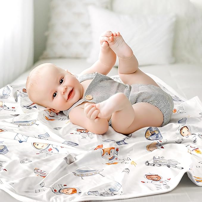 GRSSDER Reversible Baby Swaddle Blankets 2 Pack, Super Soft Jersey Knit Baby Quilt Blanket for Baby Boys, Stretchy Breathable Receiving Blankets 34 x 44 Extra Large for Swaddling, Sea Fish & Space