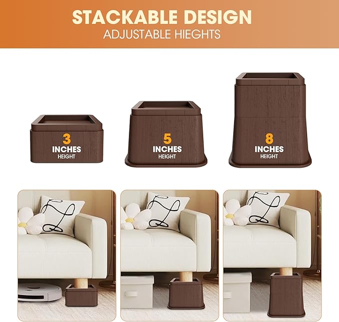 Bed Risers 5 Inch, Oversized Fit Up to 5.5" Legs, Heavy Duty Support 6000lbs, Stackable Bed Raising Blocks Furniture Sturdy Bed Lifts for Couches, Tables, Desk(Brown, 5 inch-4 Pack)