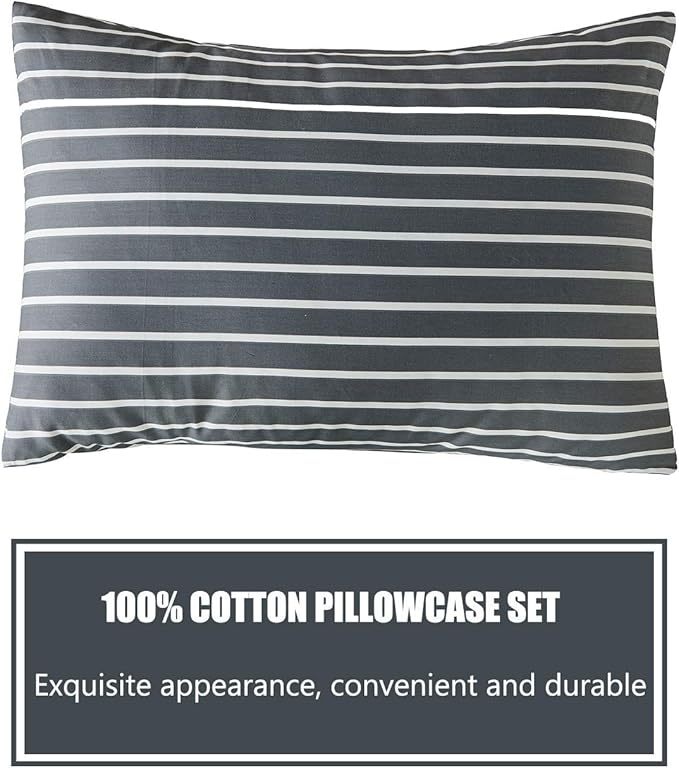 JELLYMONI 100% Natural Cotton 3pcs Striped Duvet Cover Sets, Dark Grey Duvet Cover with White Stripes Pattern Printed Comforter Cover, with Zipper Closure & Corner Ties(Full Size)