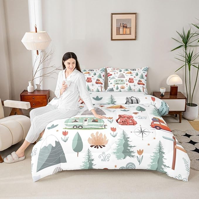 Kids Camper Theme Comforter Set Full 3Pcs, Happy Camping Bedding for Toddler, Travel Car Rv Accessories Down Comforter, Botanical Flowers Mountain Adventure Quilt, Cute Camper Duvet Set Room Decor