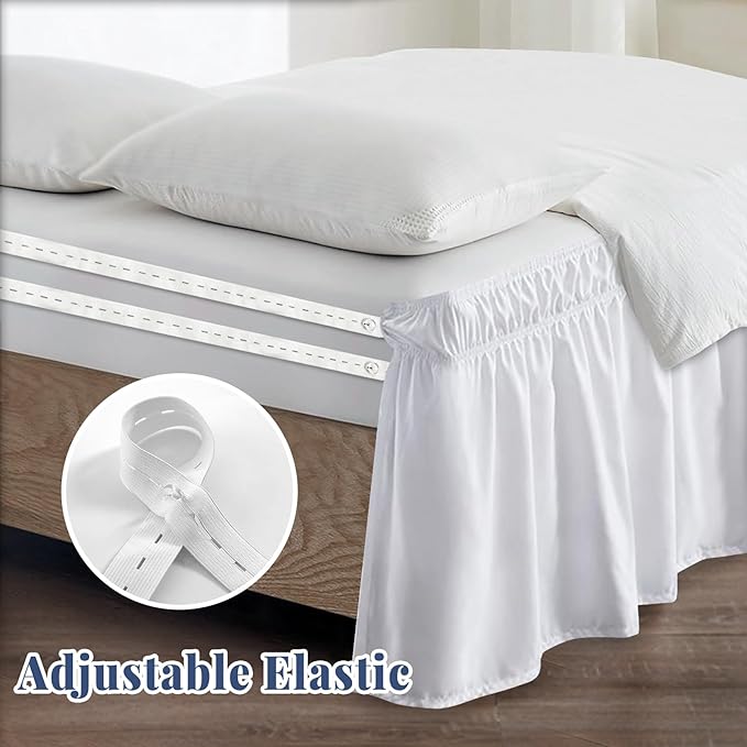 Queen Bed Skirt, Elastic Wrap Around Bed Skirt Queen Size, Bed Skirts for Adjustable Bed, Easy Fit with 18" Drop Length Tailored Drop Dust Ruffle (White)