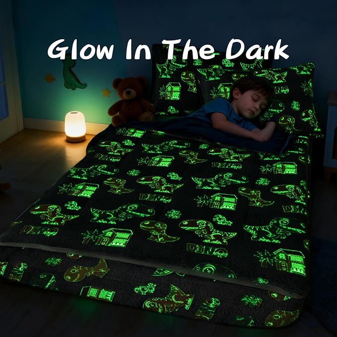 A Nice Night Cute Baby Dinosaur Printed Plush Zippered Comforter Set,Zipper Bedding Glow in The Dark for Child, Twin
