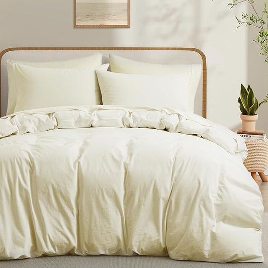 Cream White Cotton Duvet Cover Set, Linen-Like Natural Bedding Set with Zipper Closure (No Comforter), Twin Size, Duvet Cover (68"x90") x 1, Pillowsham(20"x26") x 1