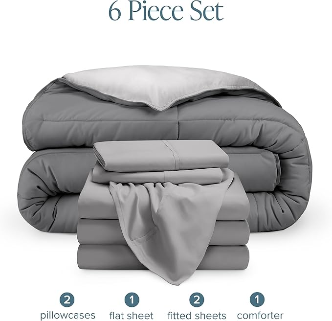 Bare Home Reversible Bed-in-A-Bag Comforter & Sheet Set - Split King - Down Alternative - Soft - Bedding Set (Split King, Light Grey/Grey)