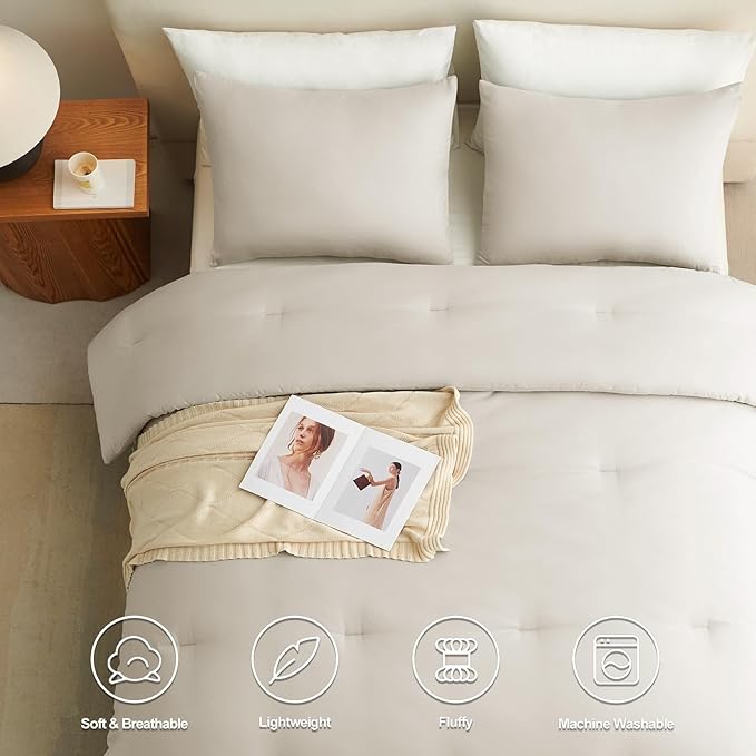 CozyLux Oversized Queen Comforter Set Beige, 3 Pieces 98x98 Solid Breathable Quilted Style Bedding Sets All Season, Luxury Soft Down Alternative Comforter Bed Set (1 Comforter & 2 Pillowcases)