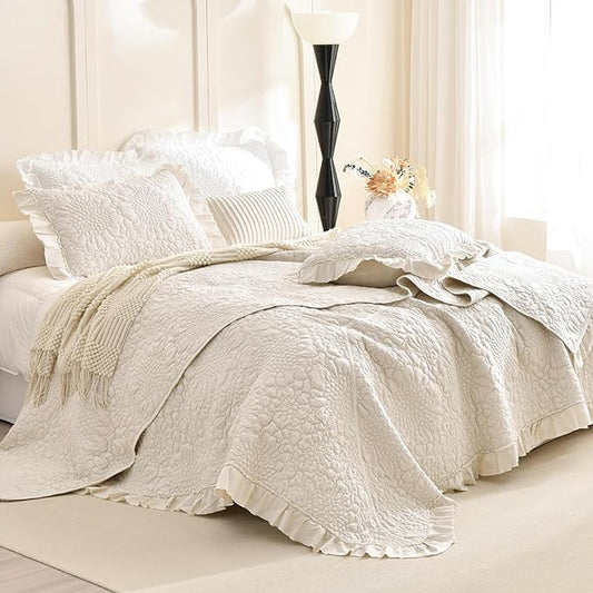 Masaca Oversized Queen Bedspread,Shabby Boho Chic Quilt Bedding Set 3Pcs (1 Farmhouse Quilt and 2 Pillowshams) Wheat Ruffled Crinkled Quilt Set Soft Lightweight Reversible Bedspreads & Coverlets