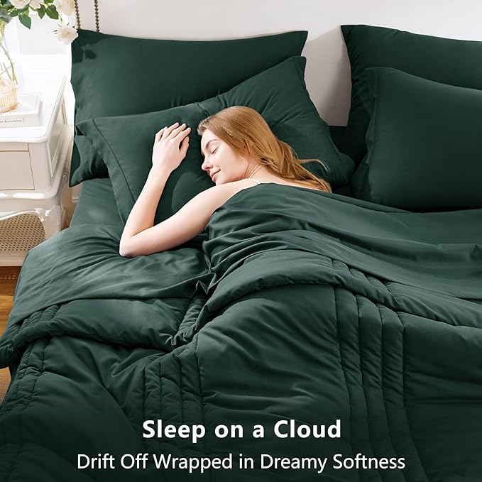 CozyLux King Comforter Set - 7 Pieces Bed in a Bag Forest Green Comforter Set with Sheets Luxury Bed Set All Seasons, Soft Bedding Set with Down Alternative Comforter, Sheets, Pillowcases & Shams