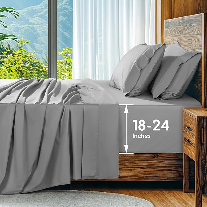 SONORO KATE 100% Egyptian Cotton Sheets Set, Extra Deep Pocket up to 18"-24",1000 High Thread Count, Soft & Breathable 5-Star Hotel Sateen Bed Sheets - 4 PC (Grey,King)