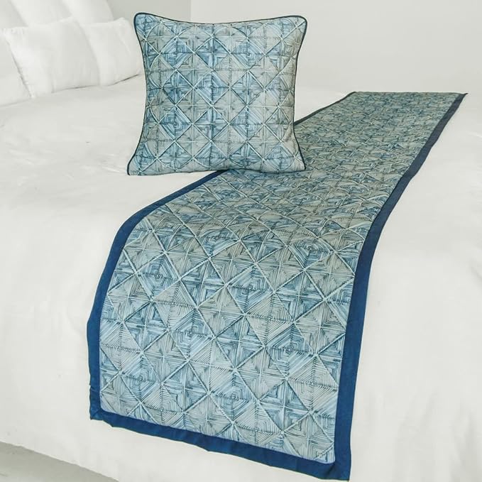The HomeCentric King/Queen/Twin Blue Designer Queen 74"x18" Bed Runner Without Pillow Cover, Indigo, Printed & Quilted Bed Scarf on Suede Fabric - Indigo Centric