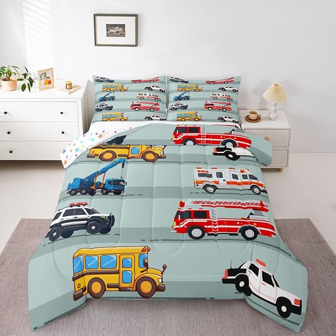 Erosebridal Fire Truck Comforter Set,Police Car Down Comforter Full Size,School Bus Bedding Set for Kids Boys Teens Youth,Equipped Truck Cartoon Vehicle Quilt Duvet Insert Bedroom Dorm Decor 3 Pcs