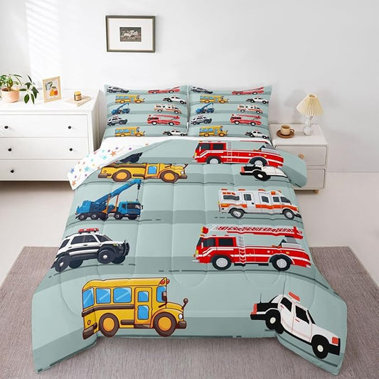 Erosebridal Fire Truck Comforter Set,Police Car Down Comforter Twin Size,School Bus Bedding Set for Kids Boys Teens Youth,Equipped Truck Cartoon Vehicle Quilt Duvet Insert Bedroom Dorm Decor 2 Pcs