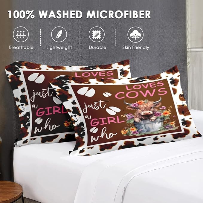 Twin Size Comforter Set with Pillowcase, Cow Print Flower Green Soft 2 Pcs Bedding for Kids and Adults, Cute Happy Highland Comforter Set for Bedroom Bed Decor