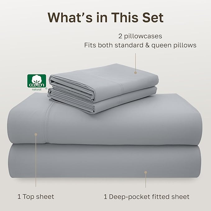 California Design Den - Luxury Full Size Sheet Set - 100% Cotton, 600 Thread Count Deep Pocket Full Size Bed Sheets, Hotel-Quality Cooling Sheets, Sateen Weave - Light Grey