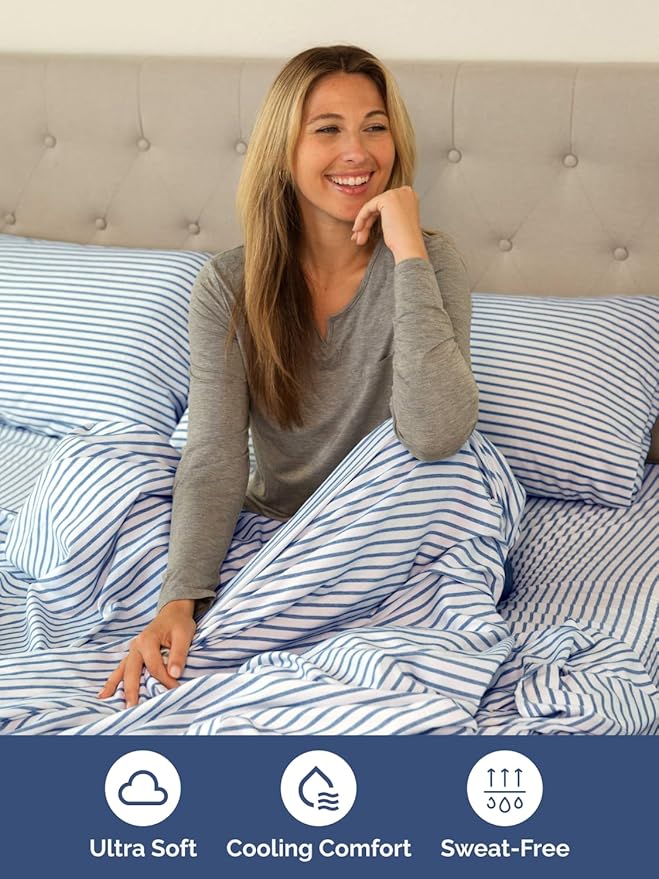 Extra Deep Split King Sheet Set - 7 Piece Breathable and Cooling Sheets - Hotel Luxury Bedding for Women, Men, Kids & Teens - Secure Fit - Soft and Wrinkle Free with Extra Deep Pockets - Blue Stripes