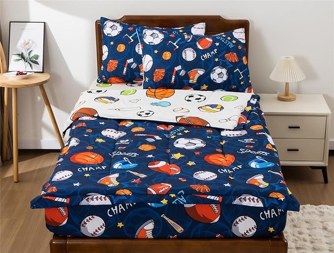 Meeting Story 3pcs Kids Comforter Sets Zipper Bedding Set for Boys,Twin Kid Bedding Set Basketball Football Baseball Comforter Sports Bedding for Kid,All in one Zipper Bedding（Navy,Twin）