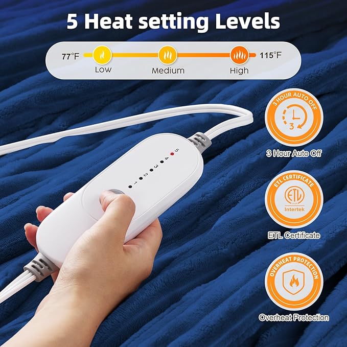 HYLEORY Heated Blanket Electric Full Size, Soft Flannel Sherpa Heater 5 Heat Settings and 10 Hours Auto Shut-Off Heating Blanket ETL Certification Over-Heat Protection Machine Washable,Navy Blue