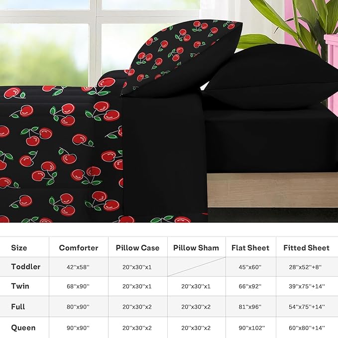 Nesker 7 Pcs Comforter Set Full Size, Retro Red Black Bedding for Kids Teen, Cherry Fruit Bed Sheet with Pillowcase & Sham