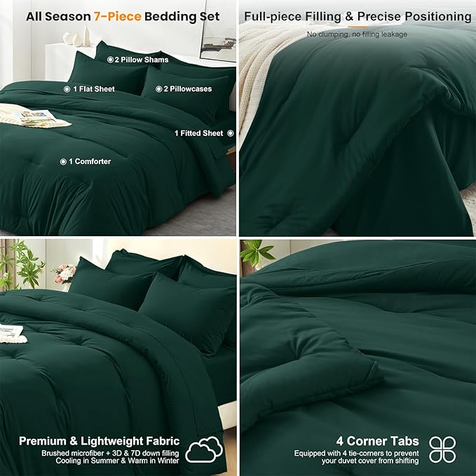 Oversized King Size Comforter Set 7 Pieces - Soft Bed in a Bag King Bed Set, Cozy Luxury Bedding Sets with All Season Comforter, Flat Sheet, Fitted Sheet, 2 Pillowcases & 2 Shams, Dark Green