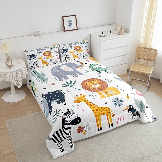 Feelyou Kids Zoo Animal Comforter Set Cute Wild Animals Bedding Set Cartoon Safari Wild Print Comforter for Boys Girls Children Teens Bedroom Decor Exotic Natural Theme Duvet Set Queen Size